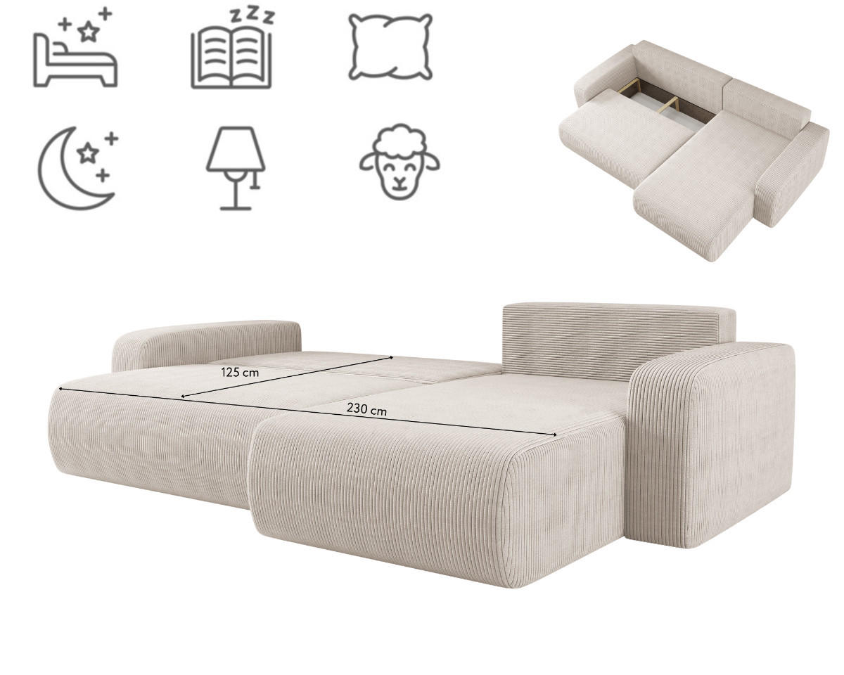 SCHLAFSOFA MILANO XL und bettkasten stoff Poso Dicker Cord Beige Rechts - Beige, Holz (274/82/145cm) - Kaiser Möbel