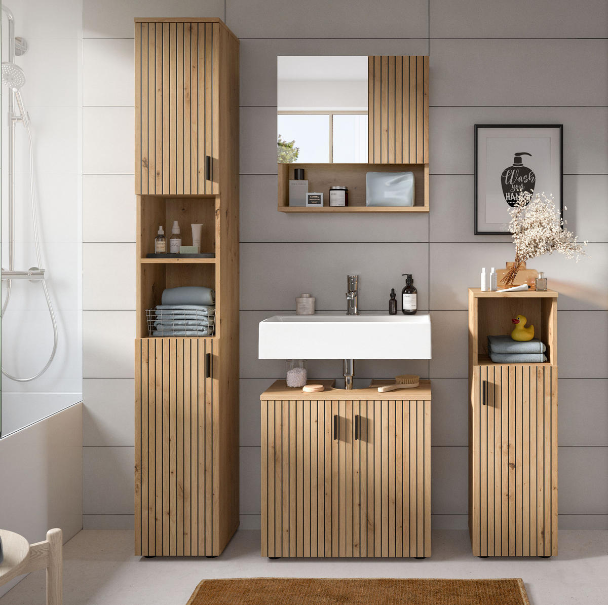 BADMÖBEL-SET Eiche Artisan 4-teilig 150 cm, Badkombination mit viel Stauraum - Schwarz/Eiche Artisan, Glas/Holzwerkstoff (150/192/30cm) - Inn.Furn