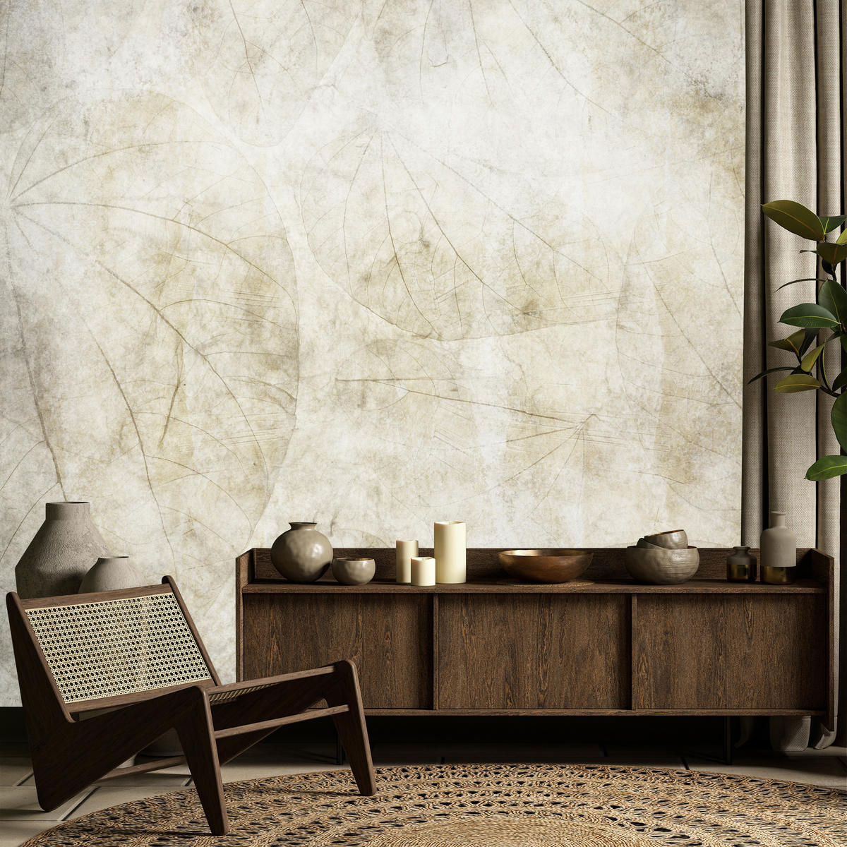 FOTOTAPETE für Badezimmer Blätter Beton Abstraktion Retro 450x315 - Beige/Grau, Papier (450/315cm) - Muralo