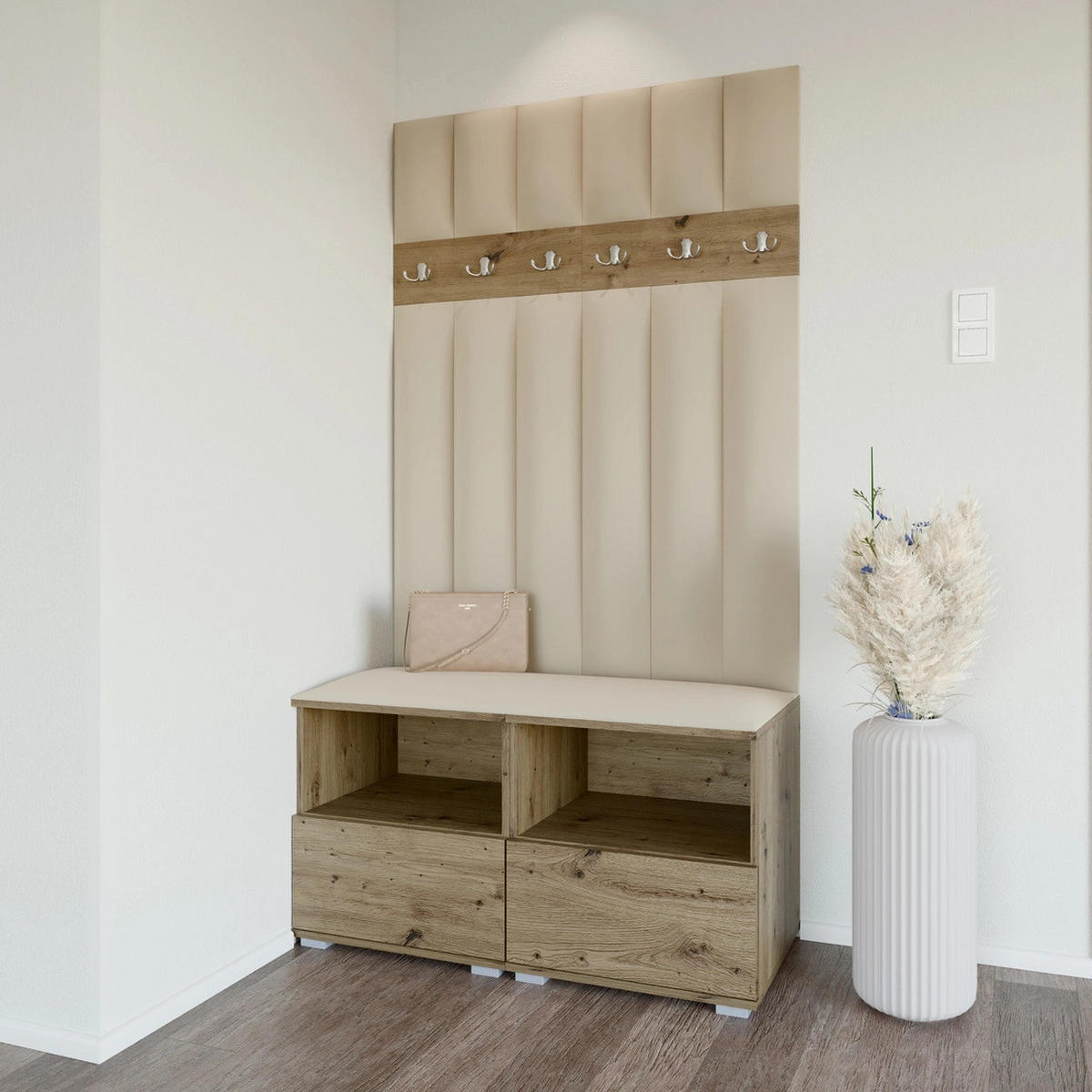 GEPOLSTERT Garderoben-Set Nela III LUX (Farbe Eiche Artisan + Stoff Trinity 04) - Beige/Silberfarben, Holz/Holzwerkstoff (100/187/40cm) - Ravio