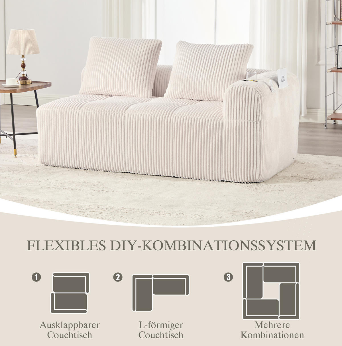 2-SITZER Sofa Cord mit Seitenfächern und Becherhaltern 158/93/61 cm Beige - Beige, Textil (93/61/158cm) - Redom