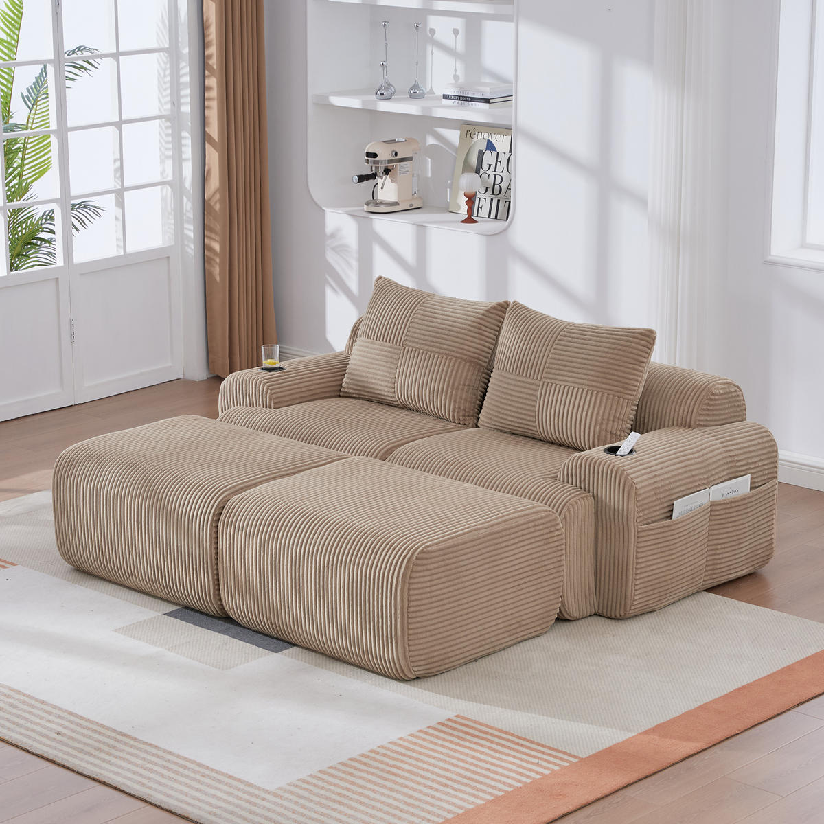 MODULARES 2-Sitzer Cordsofa mit 2 Hockern Getränkehalter und Seitentasche 200/174/80 cm Sandfarben - Sandfarben, Textil (174/80/200cm) - Redom