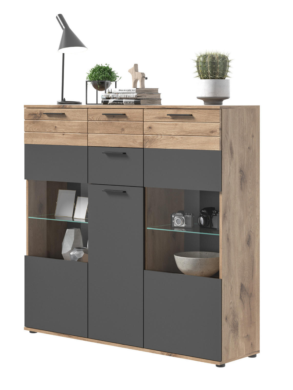 HIGHBOARD Eiche, grau 140 x 134 cm, Schrank mit Soft-Close, Wohn- und Esszimmermöbel - Eichefarben/Schwarz, Holzwerkstoff/Kunststoff (140/134/37cm) - Inn.Furn