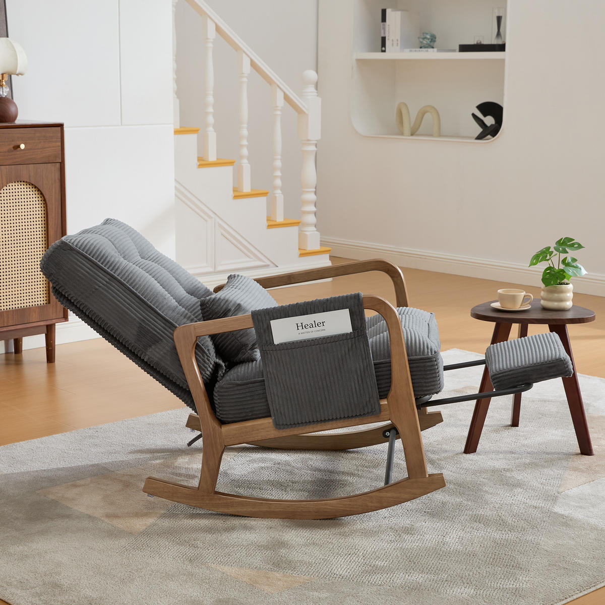 SCHAUKELSTUHL Relaxsessel mit Fußstütze,verstellbarer Rückenlehne,Cord,Grau - Grau, Textil (70/92/80cm) - LVHOM