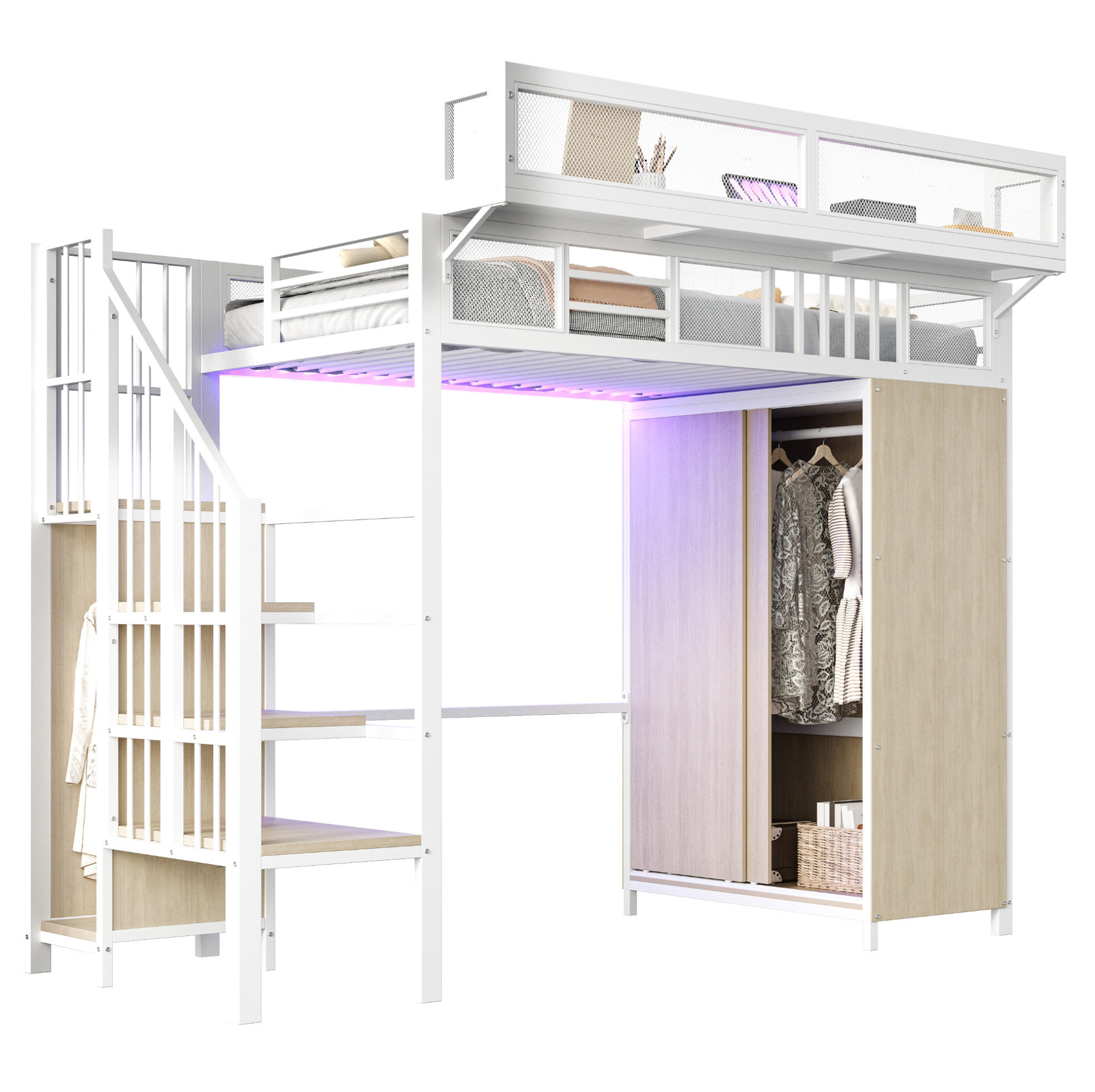 HOCHBETT 90/200 cm in Weiß mit Kleiderschrank, LED und Stauraumleiter - Weiß, Metall (90/200cm) - BEAOK