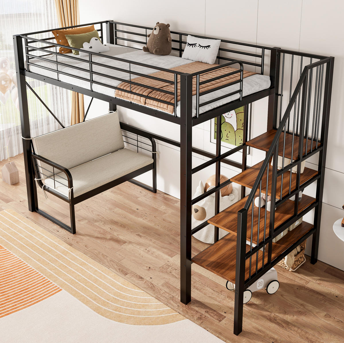 ETAGENBETT 90/200 cm, Schwarz mit Stauraumleiter und Polstersofa - Schwarz, Metall (90/200cm) - MIVRAY