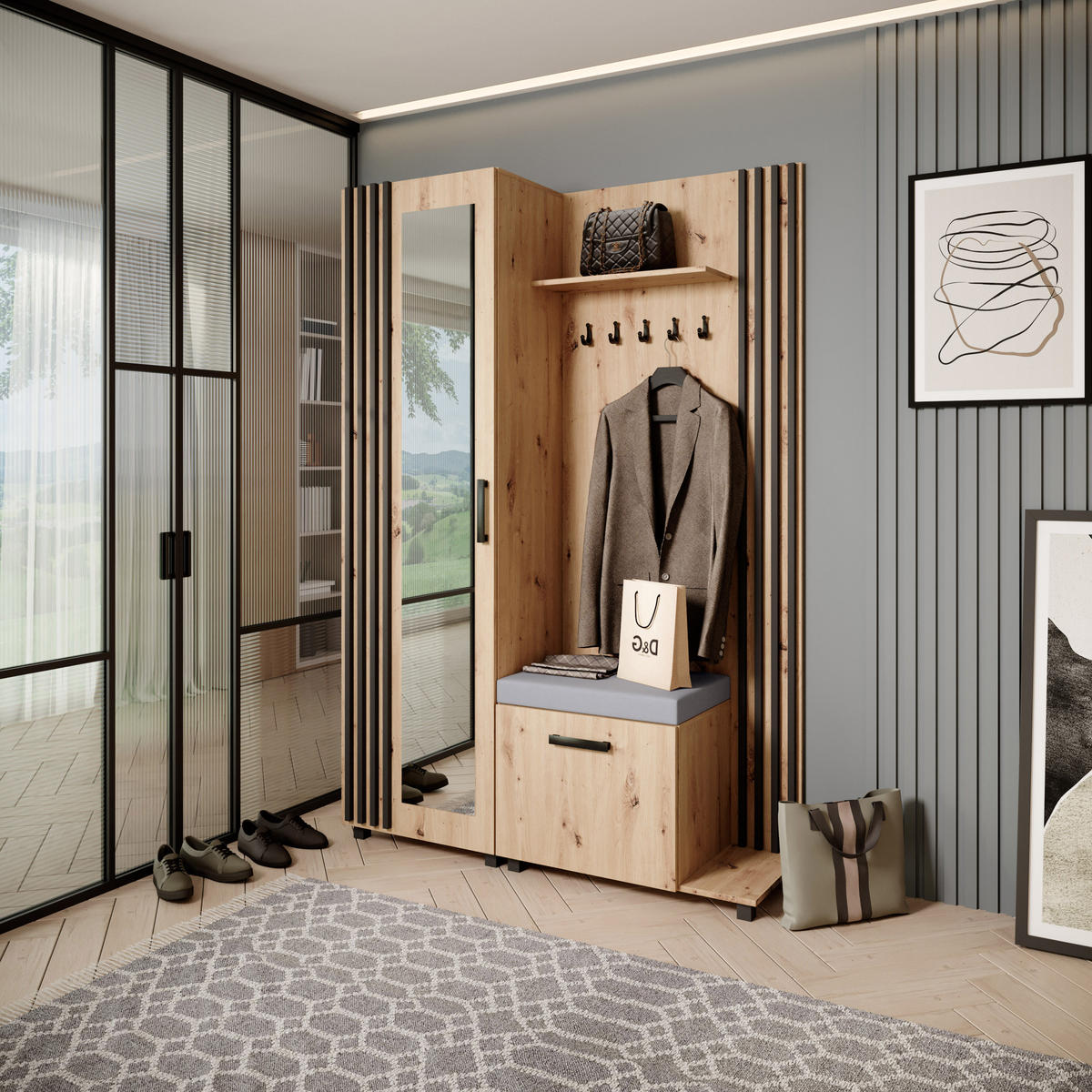 GARDEROBENSCHRANK Livia mit Aufhängern und Spiegel, eiche Artisan, rechts - Schwarz/Eiche Artisan, Holzwerkstoff (137/207/42cm) - Beautysofa