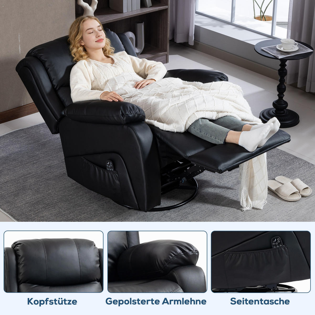 MASSAGESESSEL DE-06425 Wärme- & Liegefunktion, 145° neigbar Schwarz - Schwarz, Metall (85/100/97cm) - ComfortXL