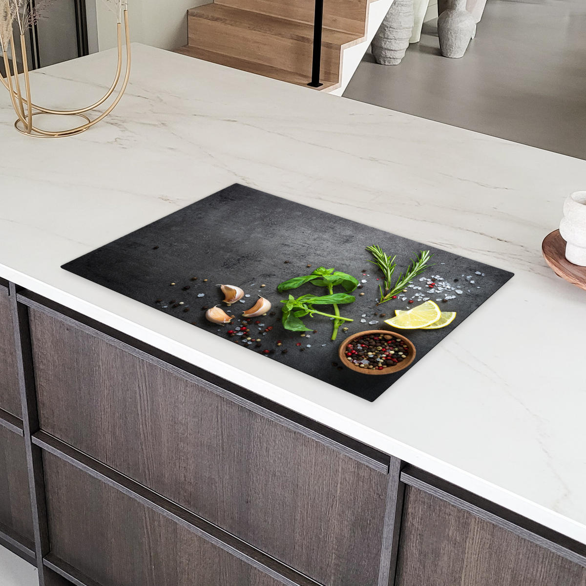 HERDABDECKPLATTE Limette - Kräuter - Gewürze - Grün - Grau - Beton Ceranfeldabdeckung 80x52 cm - Grün, Kunststoff (80/52/0.2cm) - MuchoWow