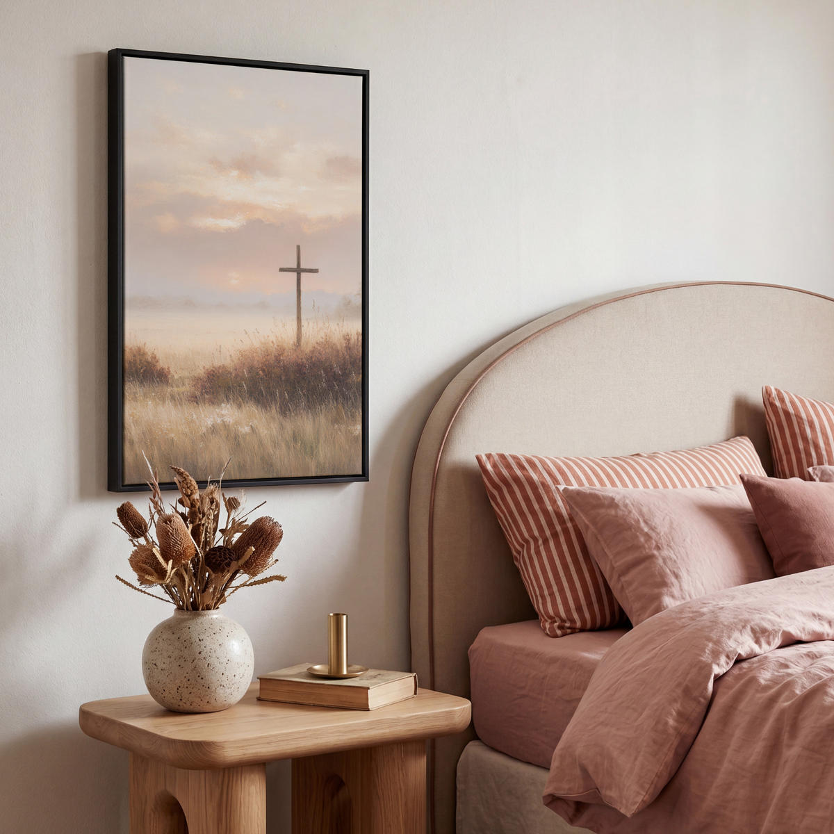 LEINWAND Bilder mit Rahmen - Gras - Morgennebel - Kreuz - Christentum - 40x60 - Beige, Textil (40/60cm) - MuchoWow