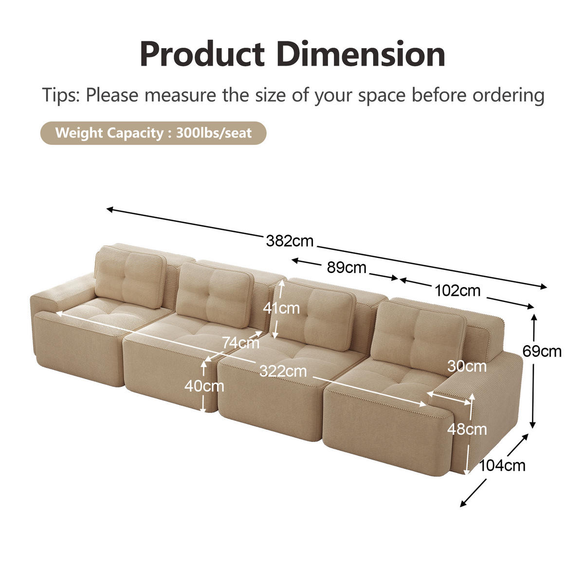 SOFA 4-Sitzer Modulares aus Cord mit rutschfester Basis, beige - Beige, Textil (104/69/382cm) - Luhomfu