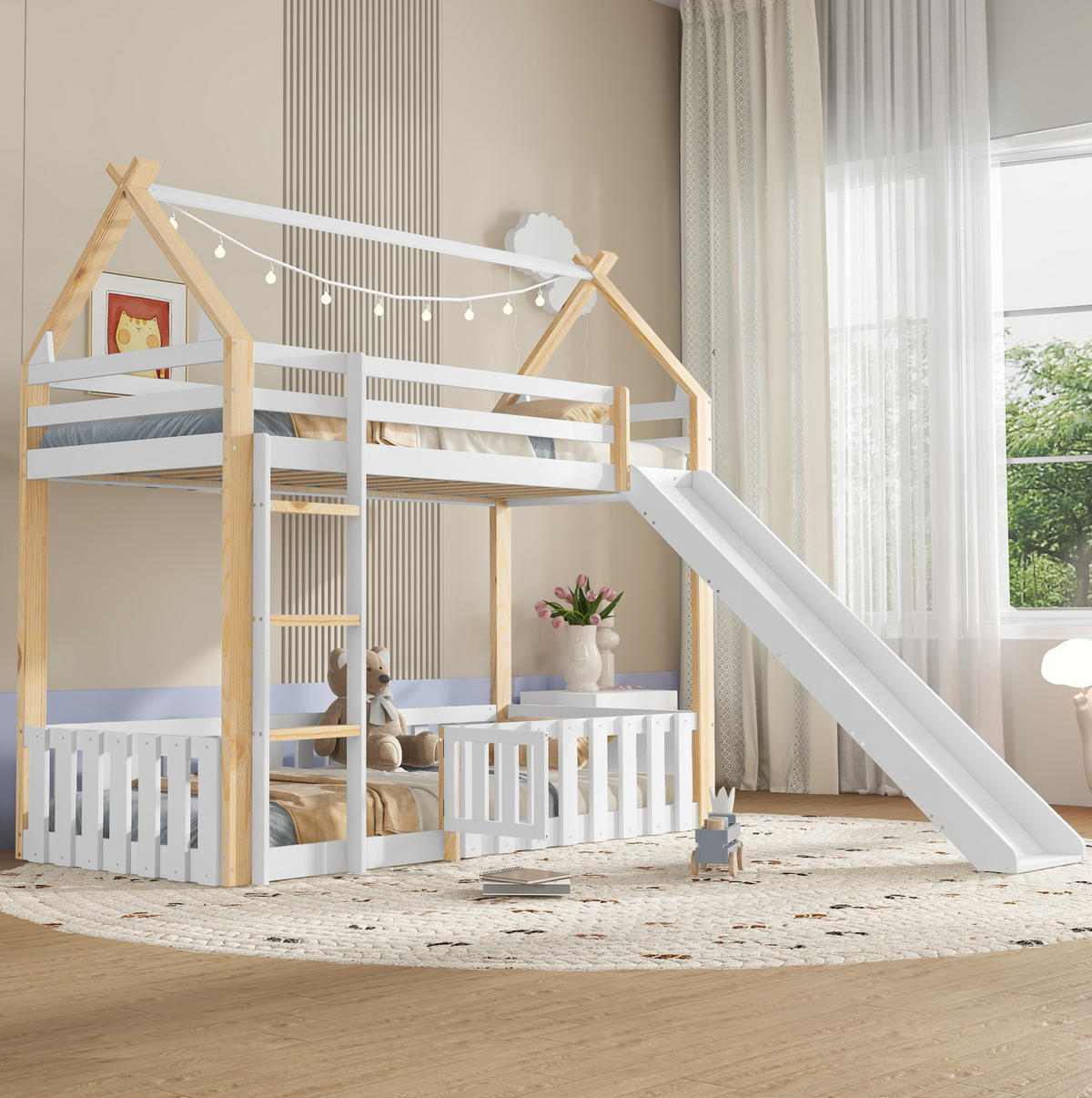 VÝŠKOVÁ posteľ 90/200 cm biela/prírodná so šmykľavkou a strešnou konštrukciou z masívneho dreva a MDF - biela, kompozitné drevo (90/200cm) - OKWISH
