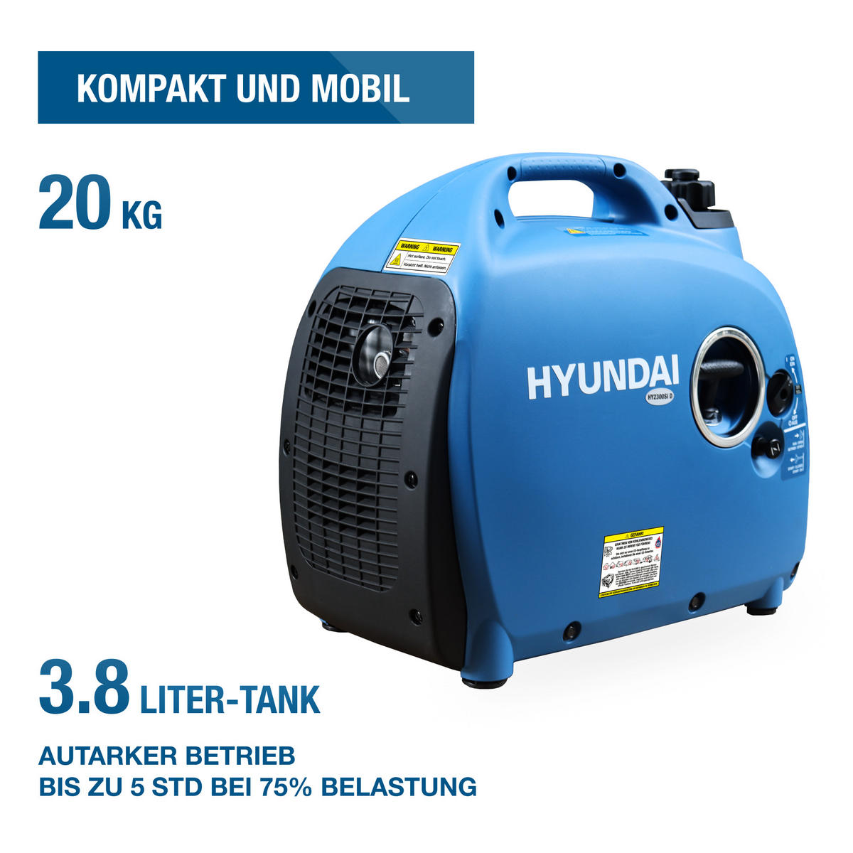 INVERTER-GENERATOR HY2300Si D (2.2 kW, tragbar, 2 x 230V + 1 x 12V, 1 x USB) - Blau, Metall (52/28/45cm) - HYUNDAI