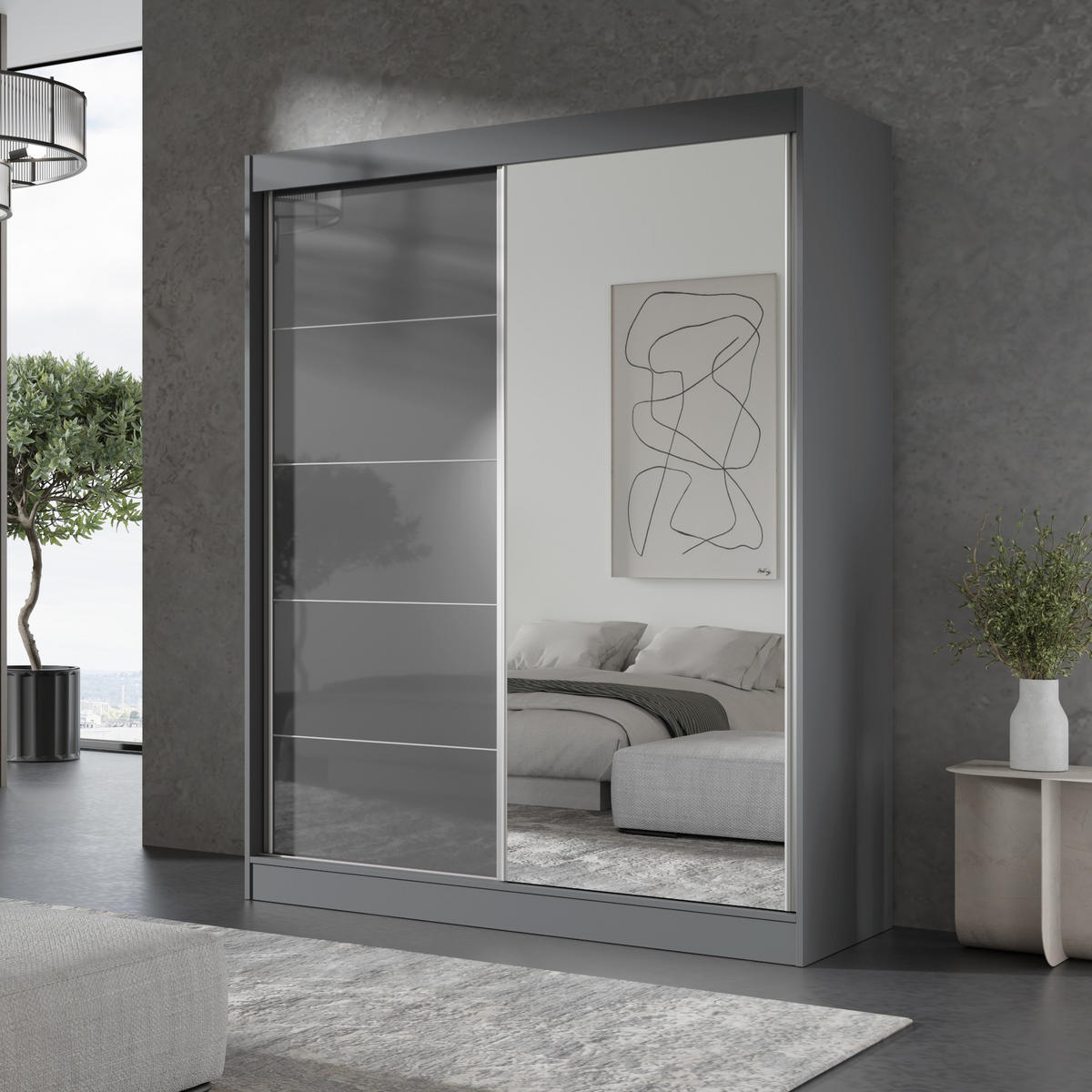 SCHIEBETÜRENSCHRANK mit Spiegel Como 2D1L 150 Grau (lacobel) - Silberfarben/Grau, Holzwerkstoff/Metall (150/201/65cm) - mzm24