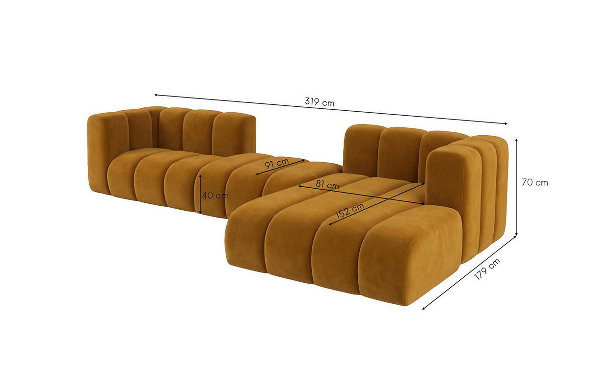 ECKSOFA Modulares In L-Form, Velvet-Stoff Riviera, Senffarbe, Rechts, GRAND 319 cm - Gelb, Holz (319/175cm) - Kaiser Möbel