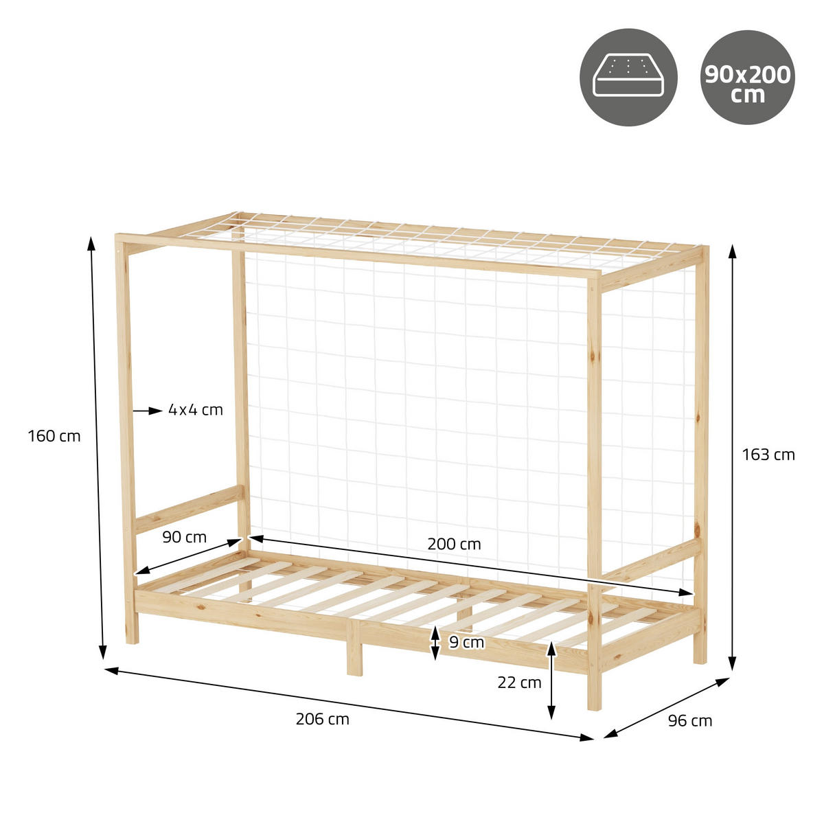 KINDERBETT Fußballtor 70x140 cm mit Matratze H:16 cm Natur Kiefernholz - Naturfarben, Holz (90/200cm) - ML-DESIGN