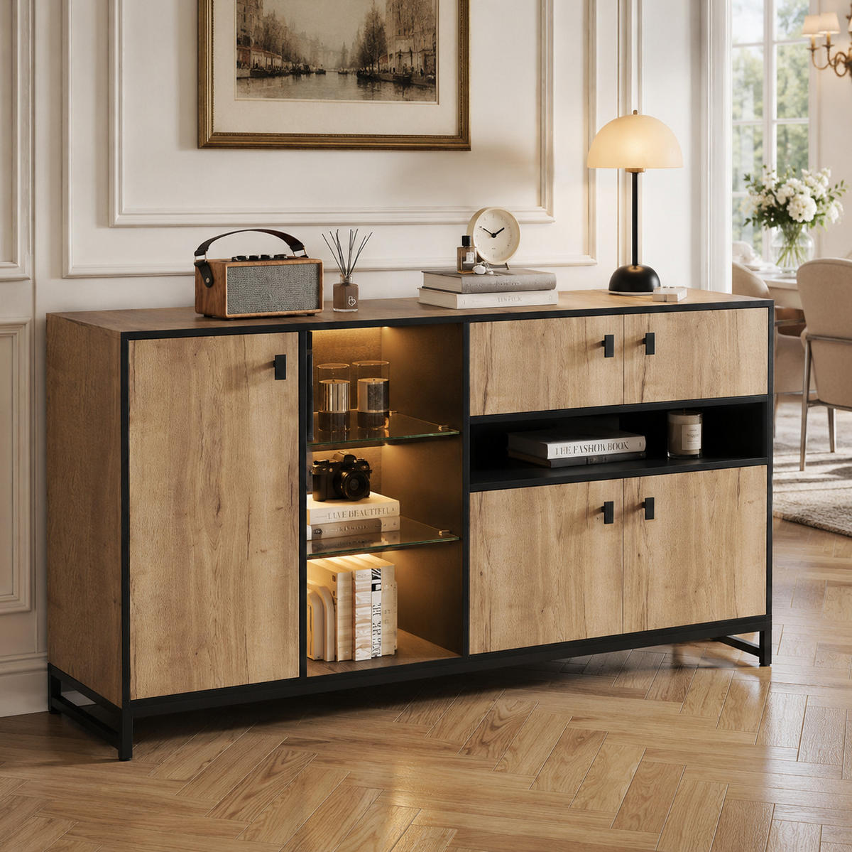 SIDEBOARD in Naturfarbe Anrichte mit Doppeltüren und Glasböden für Wohnzimmer, Esszimmer und Büro, B160/T40/H84.5 cm - Schwarz/Naturfarben, Glas/Holzwerkstoff (160/84.5/40cm) - STILVORA