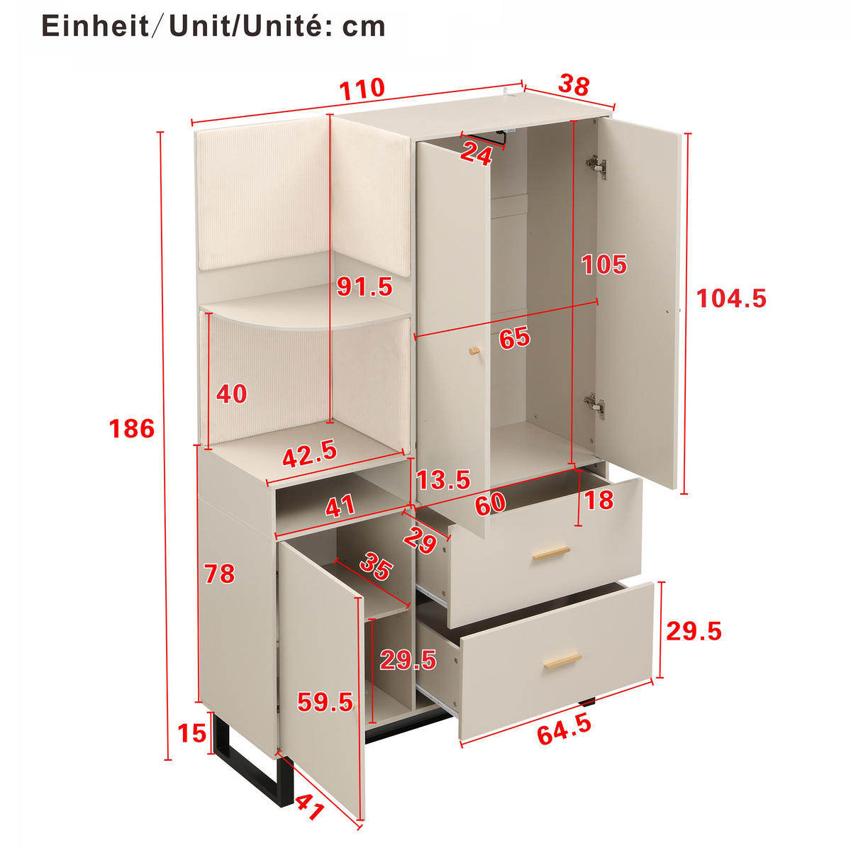 SCHUHSCHRANK aus MDF 110x186x38cm in Beige mit Soft-Close - Beige, Holzwerkstoff (110/186/38cm) - Modfu