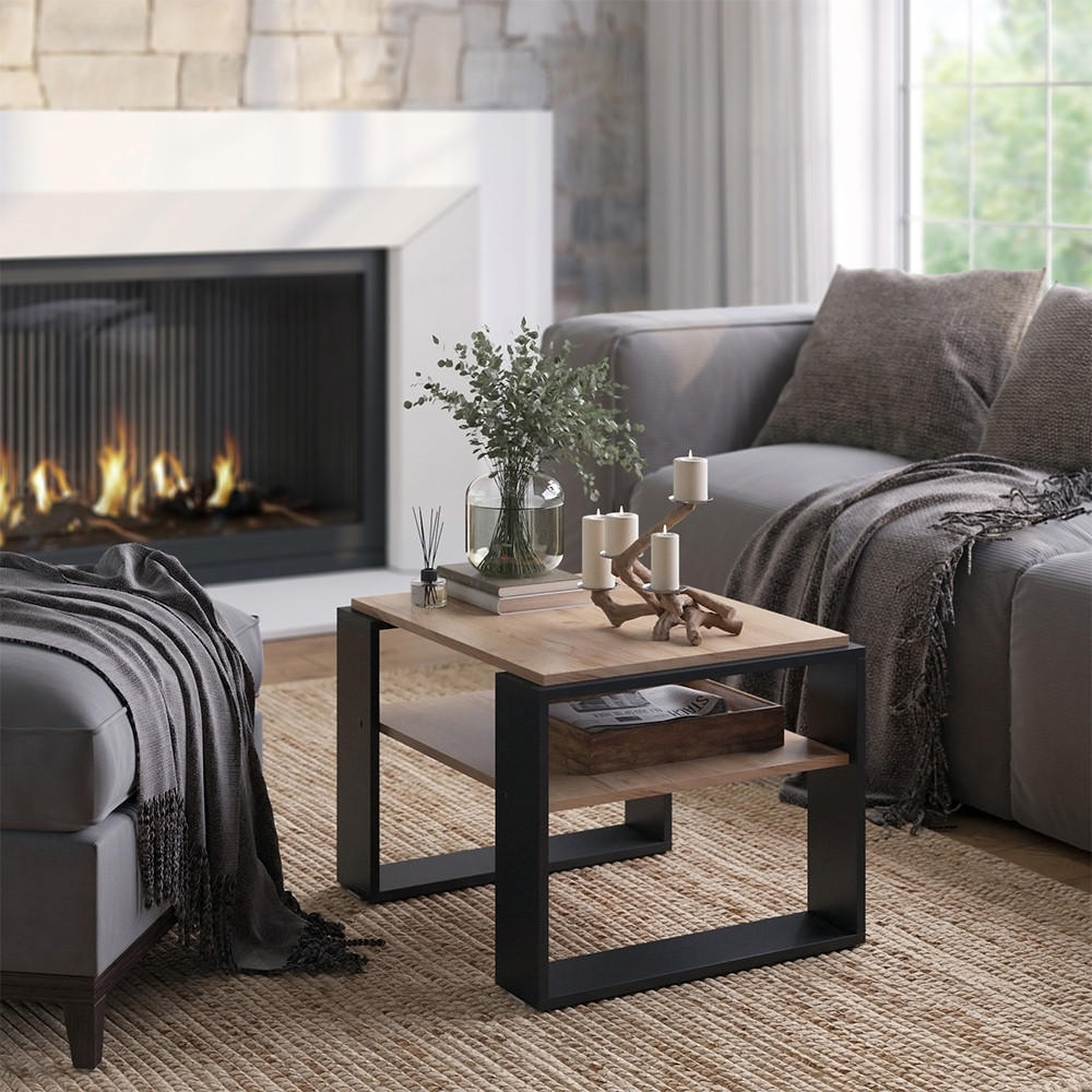 COUCHTISCH Helm Goldkraft Eiche 65.6 x 55,8 cm mit Ablage - Honigeiche/Schwarz, Holzwerkstoff (55.8/65.6/46.2cm) - Vicco