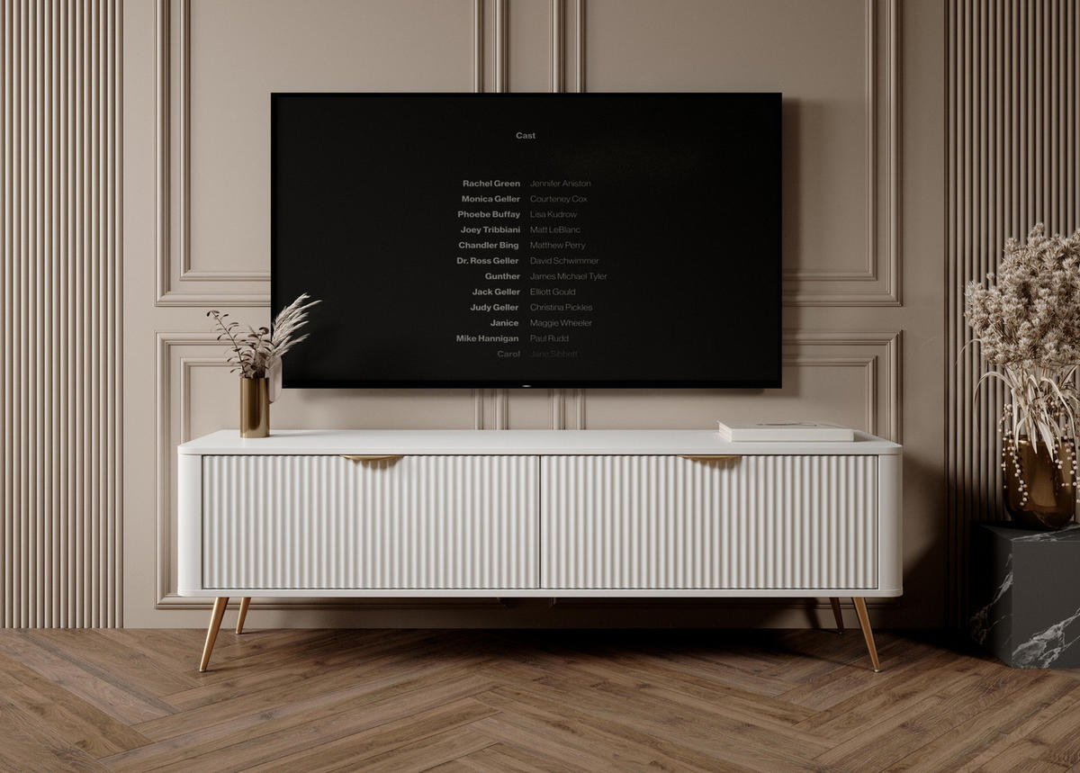 TV-LOWBOARD Flore 163 cm Weiß / Gold - mit geriffelten Fronten - 2 Türen - Gelb/Goldfarben, Holz/Holzwerkstoff (163/51/38cm) - Ravio
