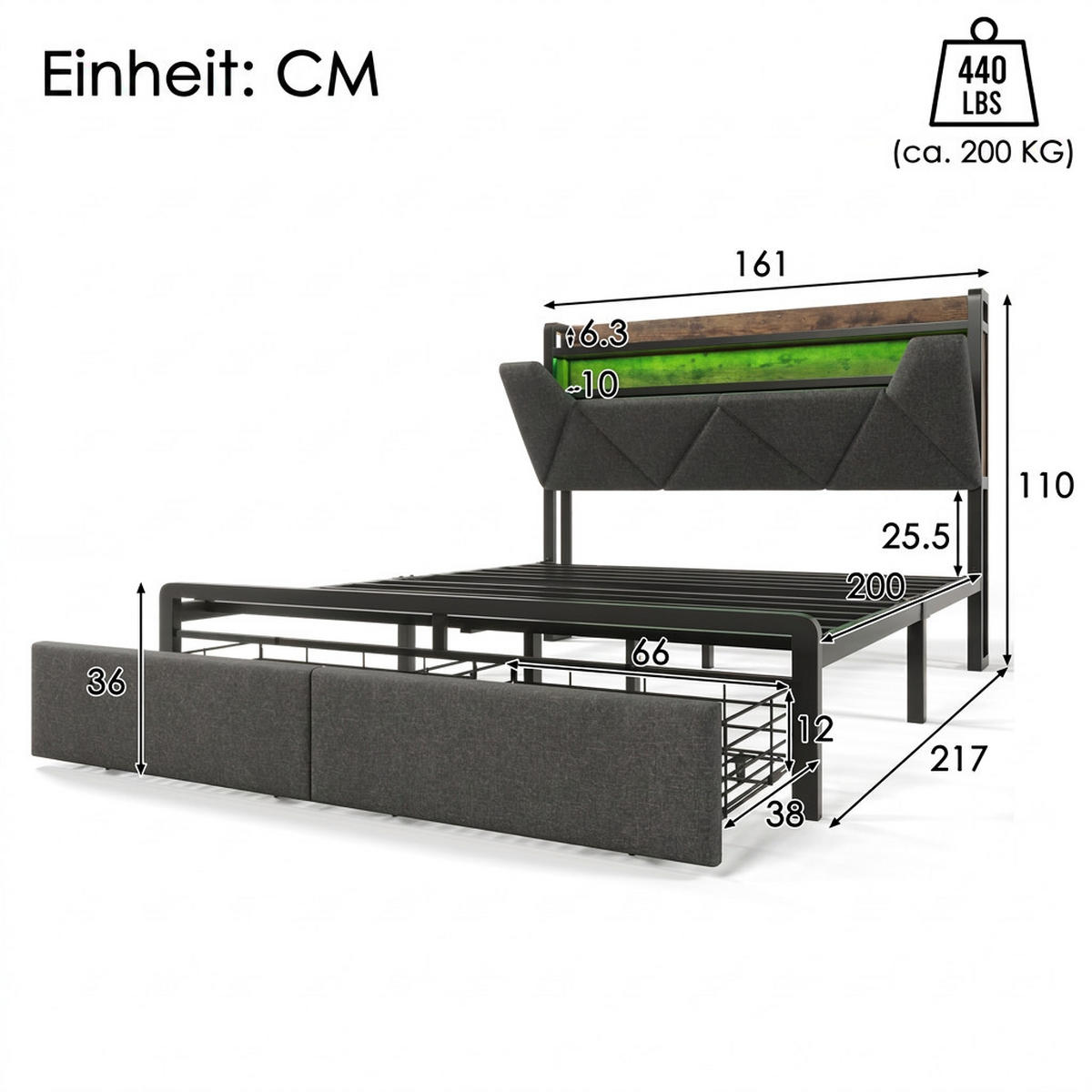 POLSTERBETT 160/200 cm Grau mit USB Typ C Ladefunktion, LED-Beleuchtung und 2 Schubladen - Grau, Textil/Metall (160/200cm) - Oxeza