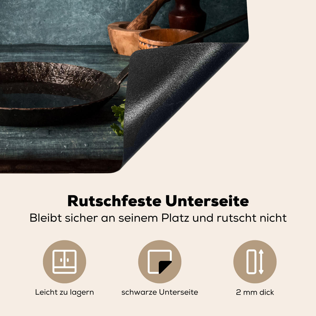 HERABDECKPLATTE - Kräuter - Gewürze - Pfanne - Messer - Grau - Rustikal - 60x50 - Petrol, Kunststoff (60/50/0.2cm) - MuchoWow