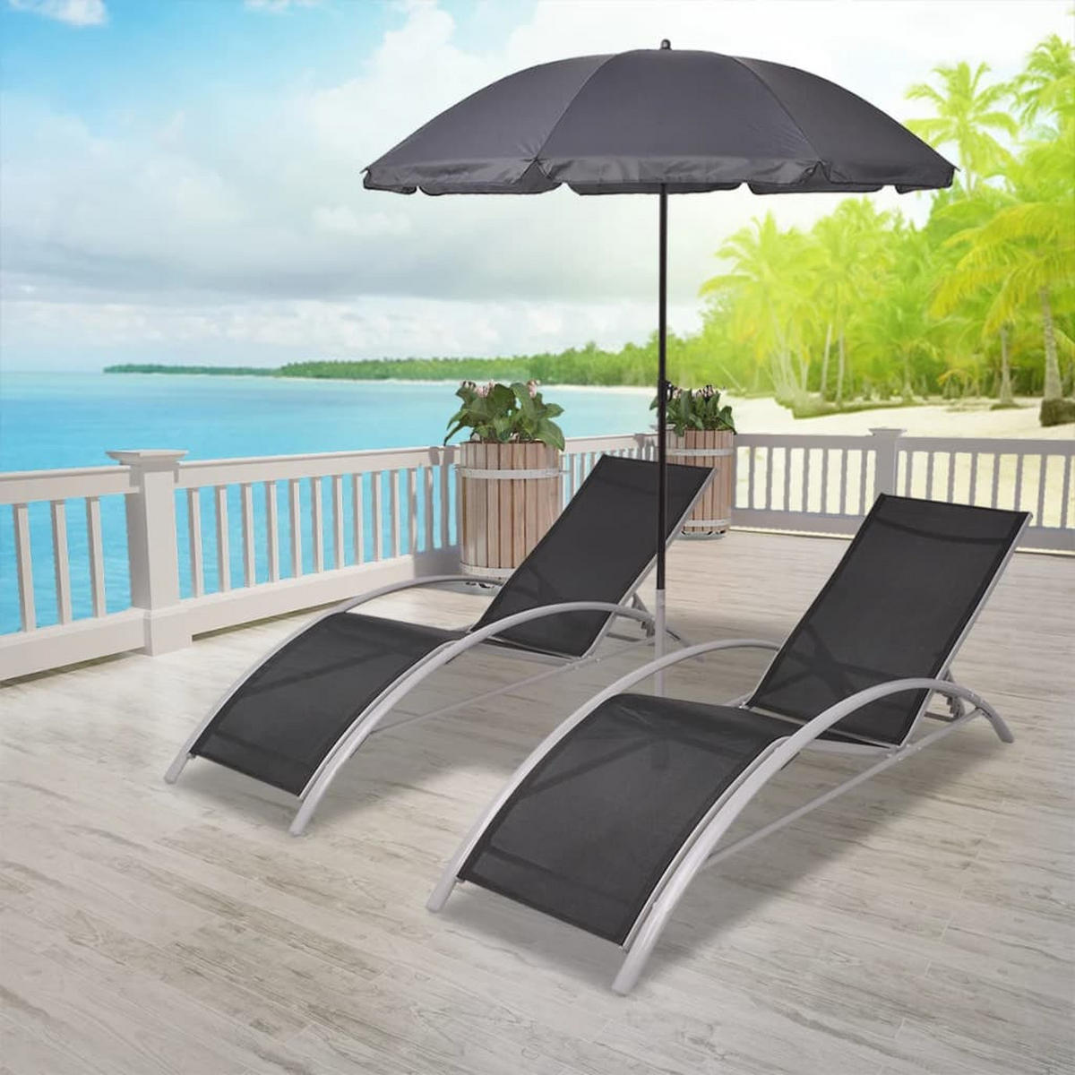 SONNENLIEGEN mit Schirm Aluminium Schwarz - Braun, Textil (60/89/156cm) - furnicato
