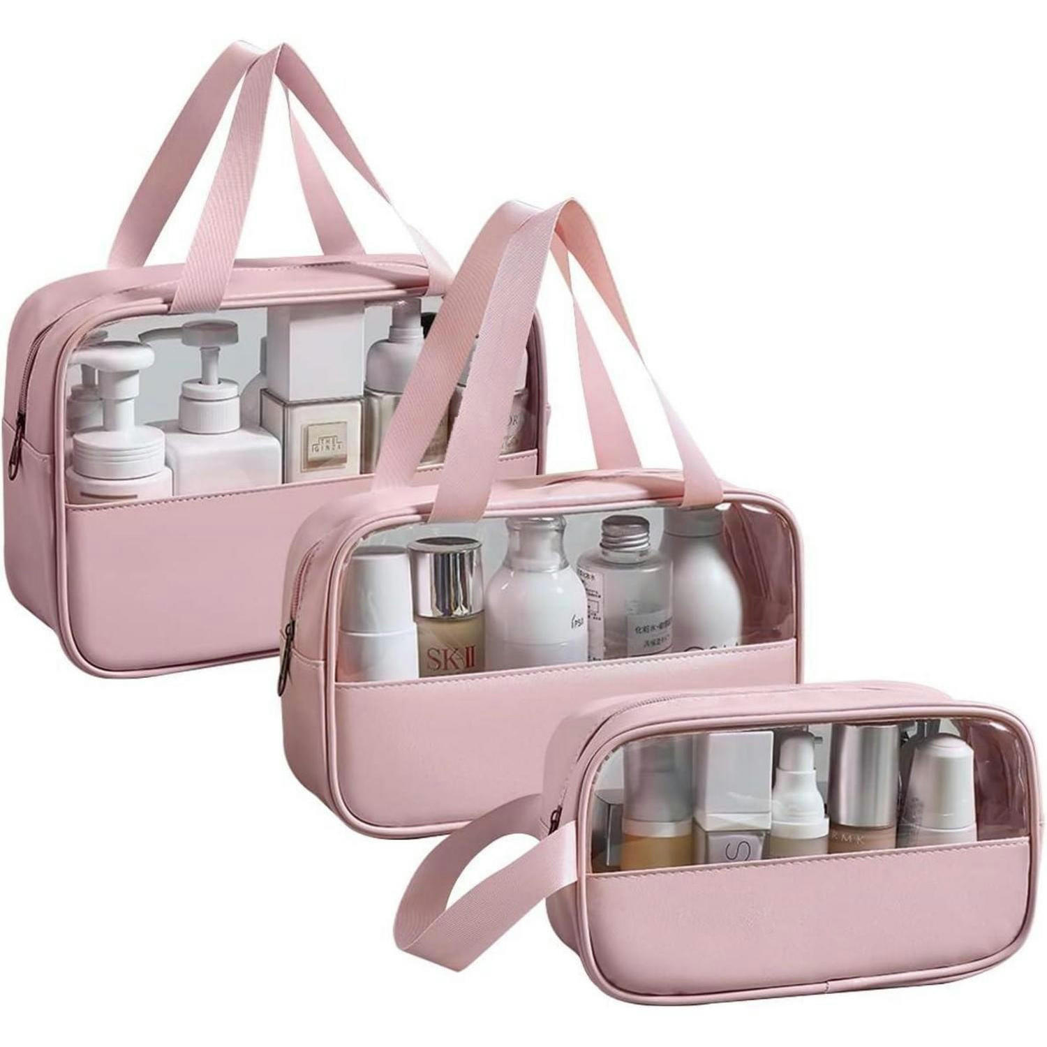 KULTURBEUTEL Set Transparent 3 Stück Rosa - Rosa, Kunststoff (10/21/26cm)