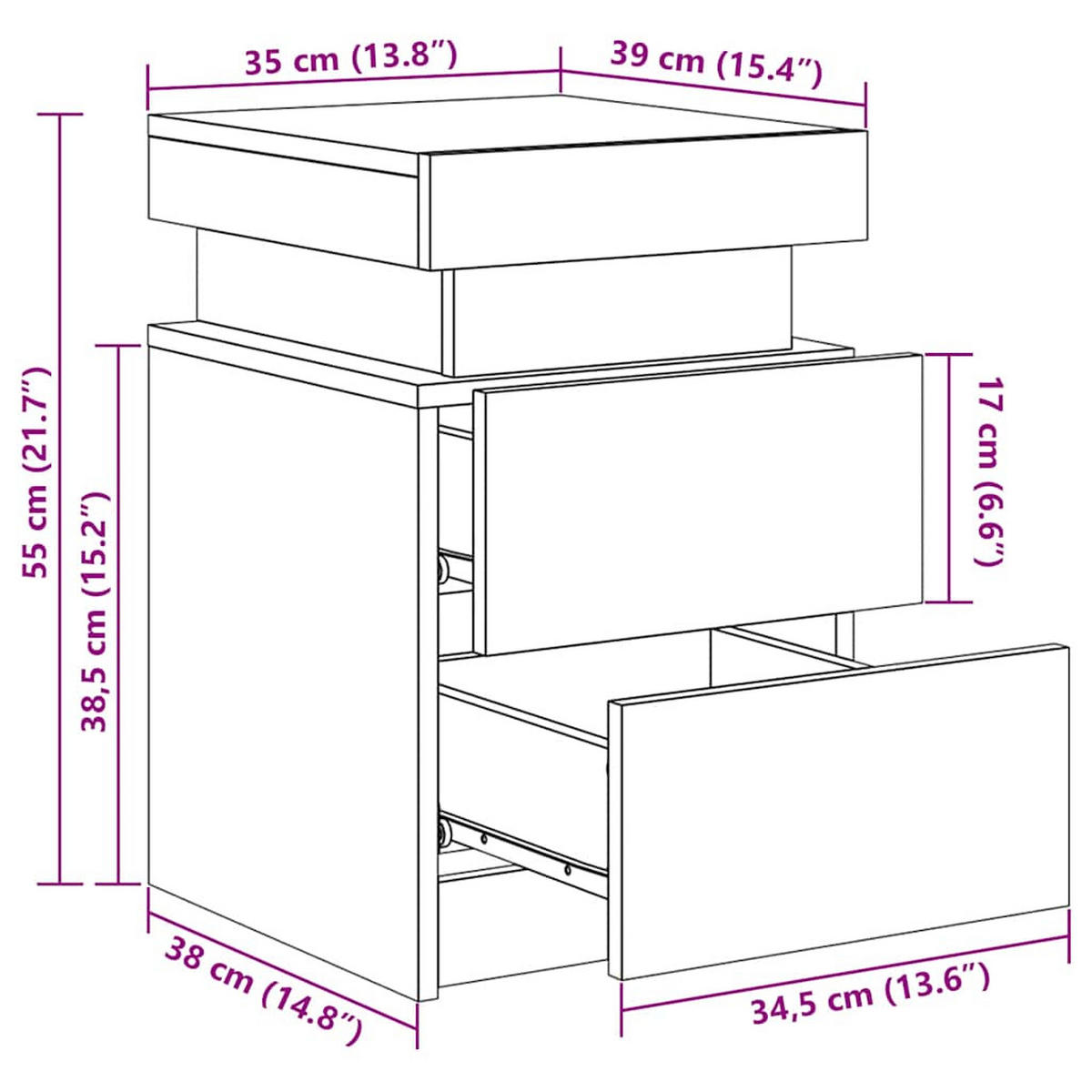 NACHTTISCH 2 Stk. mit Led-Leuchten 35/39/55cm in Braun Eiche-Optik - Dunkelbraun, Holz (35/55/39cm) - vidaXL