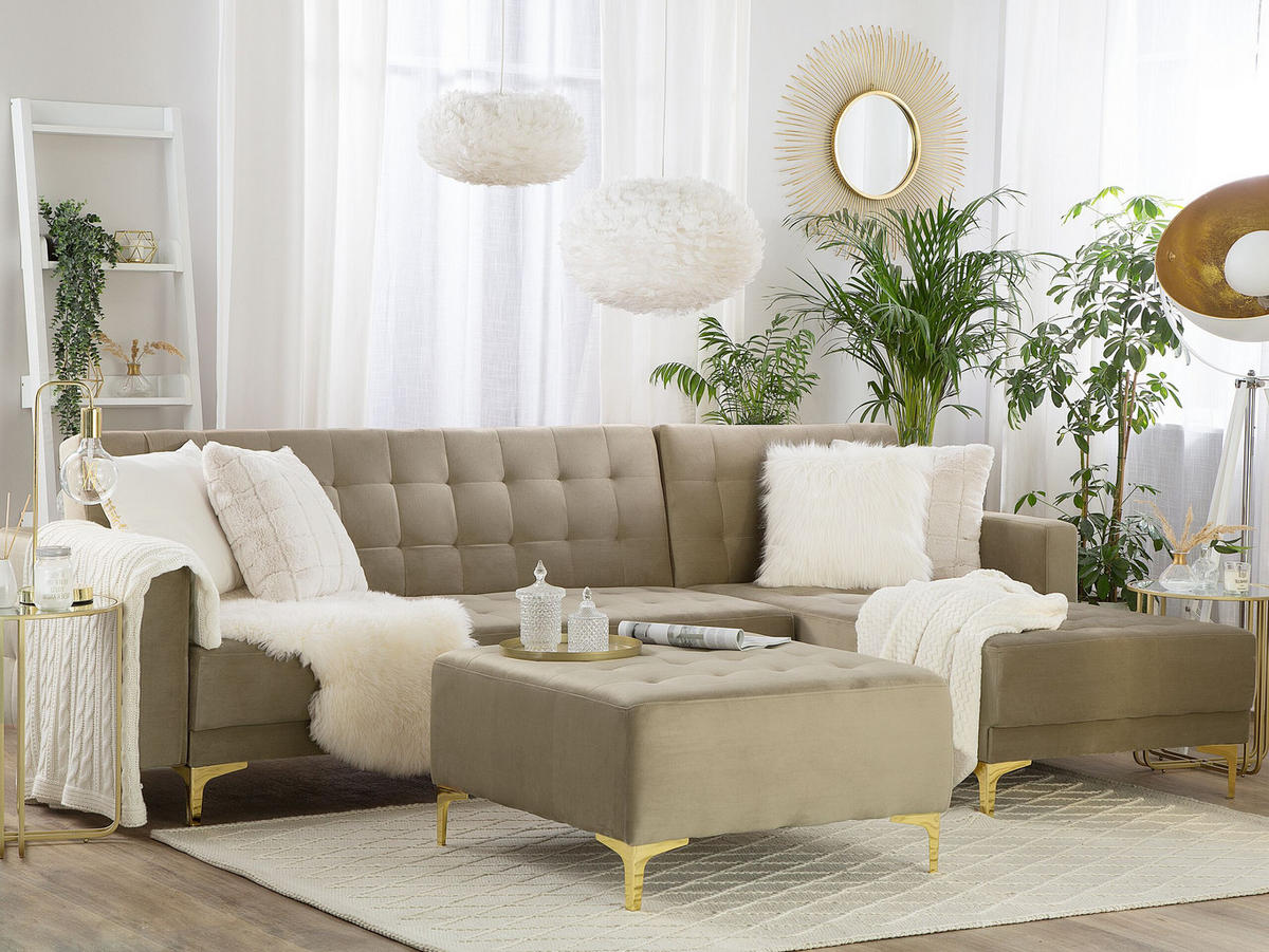 SCHLAFSOFA rechtsseitig mit Ottomane Samtstoff Sandbeige Aberdeen - Beige, Textil (267/168cm) - Beliani
