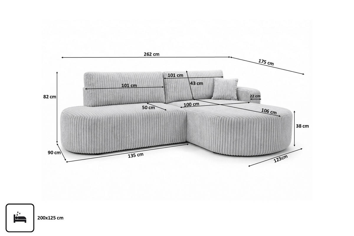 ECKSOFA Mit Schlaffunktion Und Bettkasten, Cordstoff Tilia, Grau, Rechts, ROUND ONE OPEN XL - Grau, Holz (262/175cm) - Kaiser Möbel