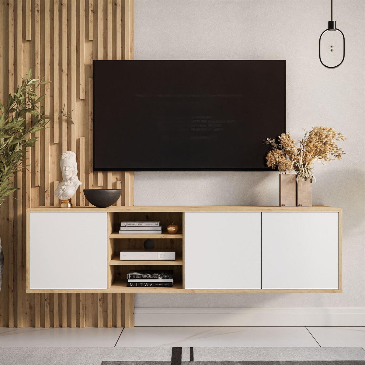 TV-ELEMENT SANAYI Hängend mit Regalen Eiche Artisan/Weiß - Weiß, Holzwerkstoff (156/41/38cm) - Lookway