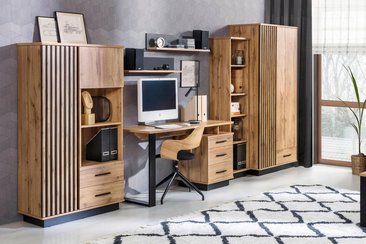 JUGENDZIMMER-SET LAMI G 5-teilig in Wotan Eiche / Schwarz Matt mit Lamellen - Eiche Wotan/Schwarz, Holzwerkstoff (355/56/194cm) - Deine Möbel 24