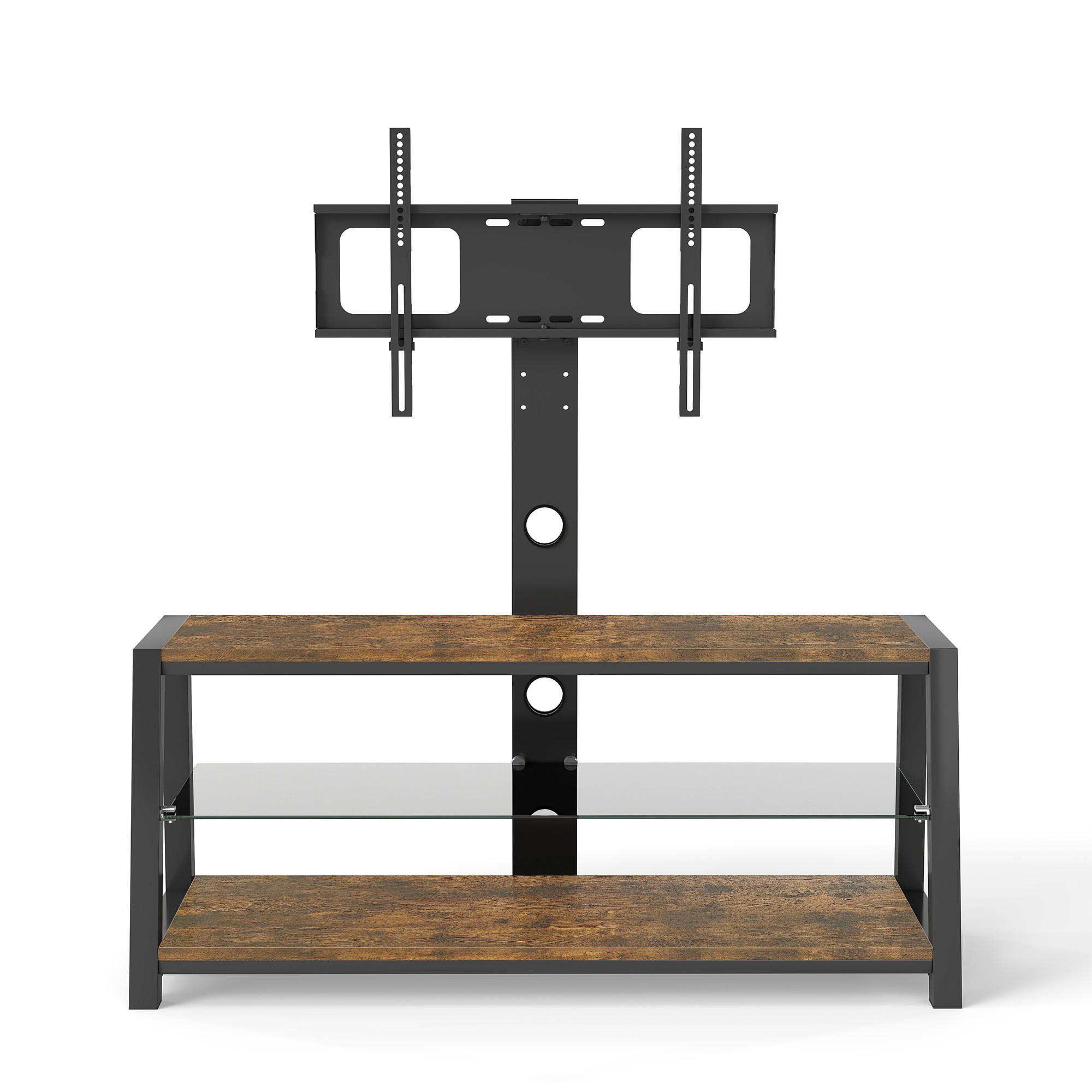 STILVORA TV STOLEK v hnědé barvě, dřevěná TV skříňka s černým tvrzeným sklem, do obývacího pokoje, 116 × 42 × 125 cm