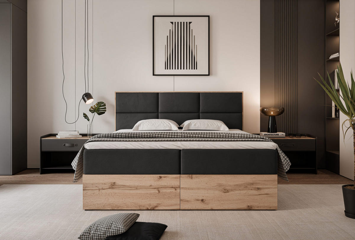 BOXBETT LAVIO 140/200 cm, in Schwarz, mit Matratze und Topper - Schwarz, Holzwerkstoff/Textil (140/200cm) - Idohome