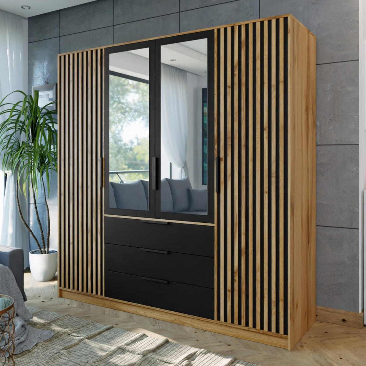 DREHTÜRENSCHRANK Bueno Lux mit 4 Türen und 3 Schubladen, eiche Wotan - Eiche Wotan, Holzwerkstoff (196/200/58cm) - Beautysofa