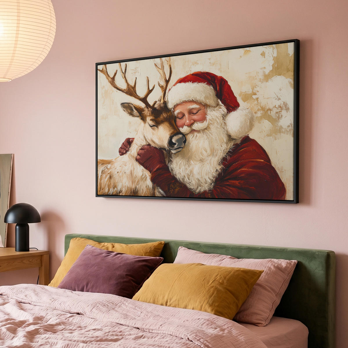 LEINWAND Bilder mit Rahmen - Weihnachtsmann - Rentier - Weihnachten - 140x90 - Rotbraun, Textil (140/90cm) - MuchoWow