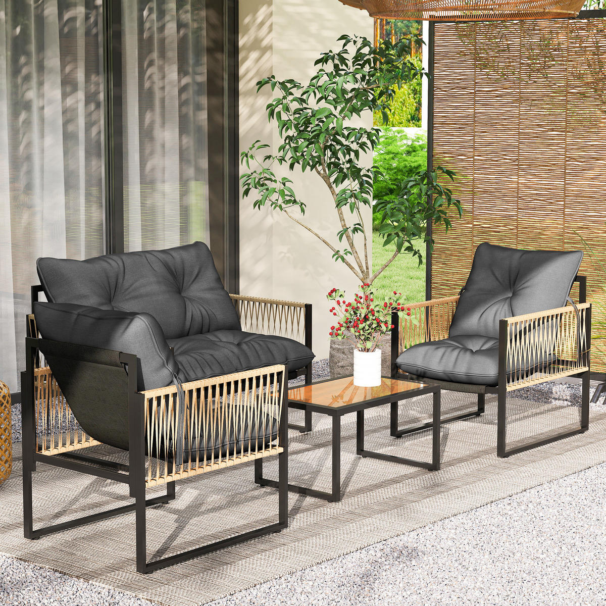 SITZGRUPPE mit Kissen, 4 tlg. Rattan Gartenmöbel-Set, Sitzgarnitur für Garten, Braun - Dunkelgrau, Kunststoff - Outsunny