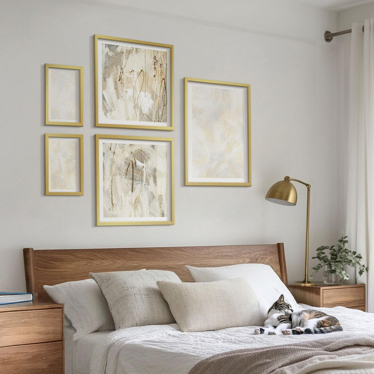 WANDBILDER 5er Set - 50x50 cm & 20x30 cm & 40x60 cm Goldrahmen - Helles Strukturfarbendesign - Goldfarben, Kunststoff (40/60cm) - ArtPrintCave