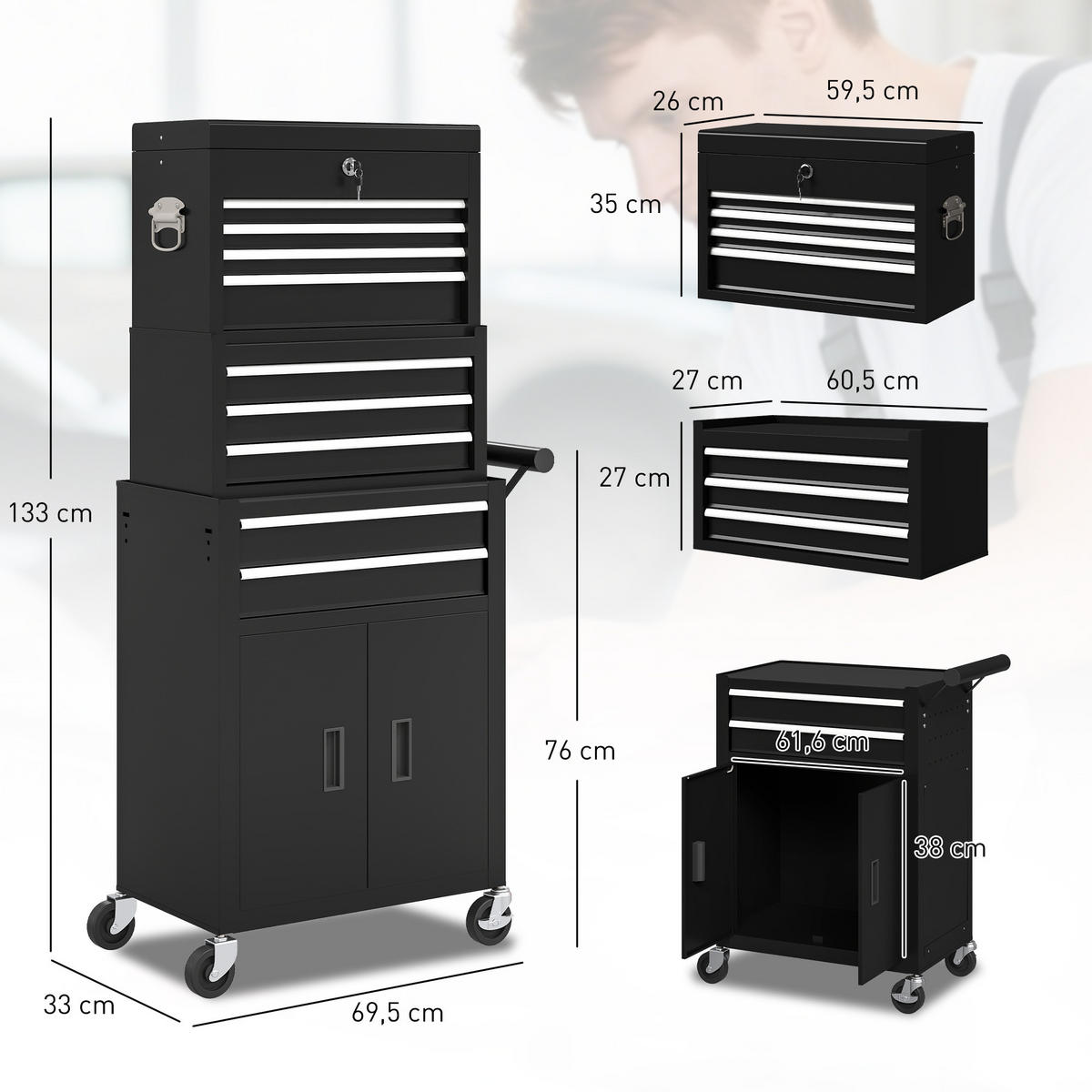 WERKZEUGKISTE 3-IN-1, rollender Werkzeugschrank mit 9 Schubladen, Stahl, Schwarz - Schwarz, Metall (33/133/69.5cm) - HOMCOM