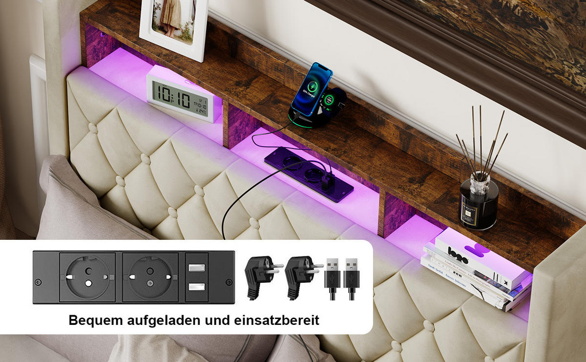POLSTERBETT 140/200 cm aus Samt in Beige, integrierte LED, USB, Stauraumkopfteil - Beige, Textil (140/200cm) - OKMYHOME