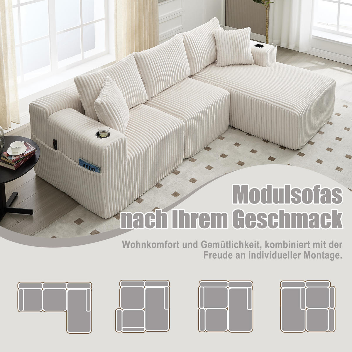 MODULARES Sofa Cord mit Chaiselongue und 2-Sitzer 257/90-160/62 cm Beige - Beige, Textil (160/257cm) - Redom
