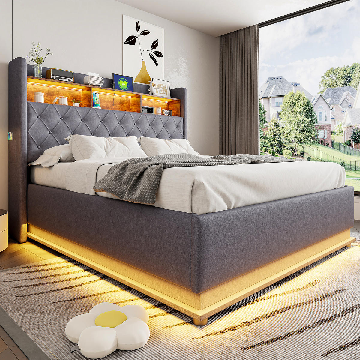 POLSTERBETT LED 160/200 cm grau mit USB-Ladeanschluss und hydraulischem Stauraum - Grau, Textil (160/200cm) - OKWISH