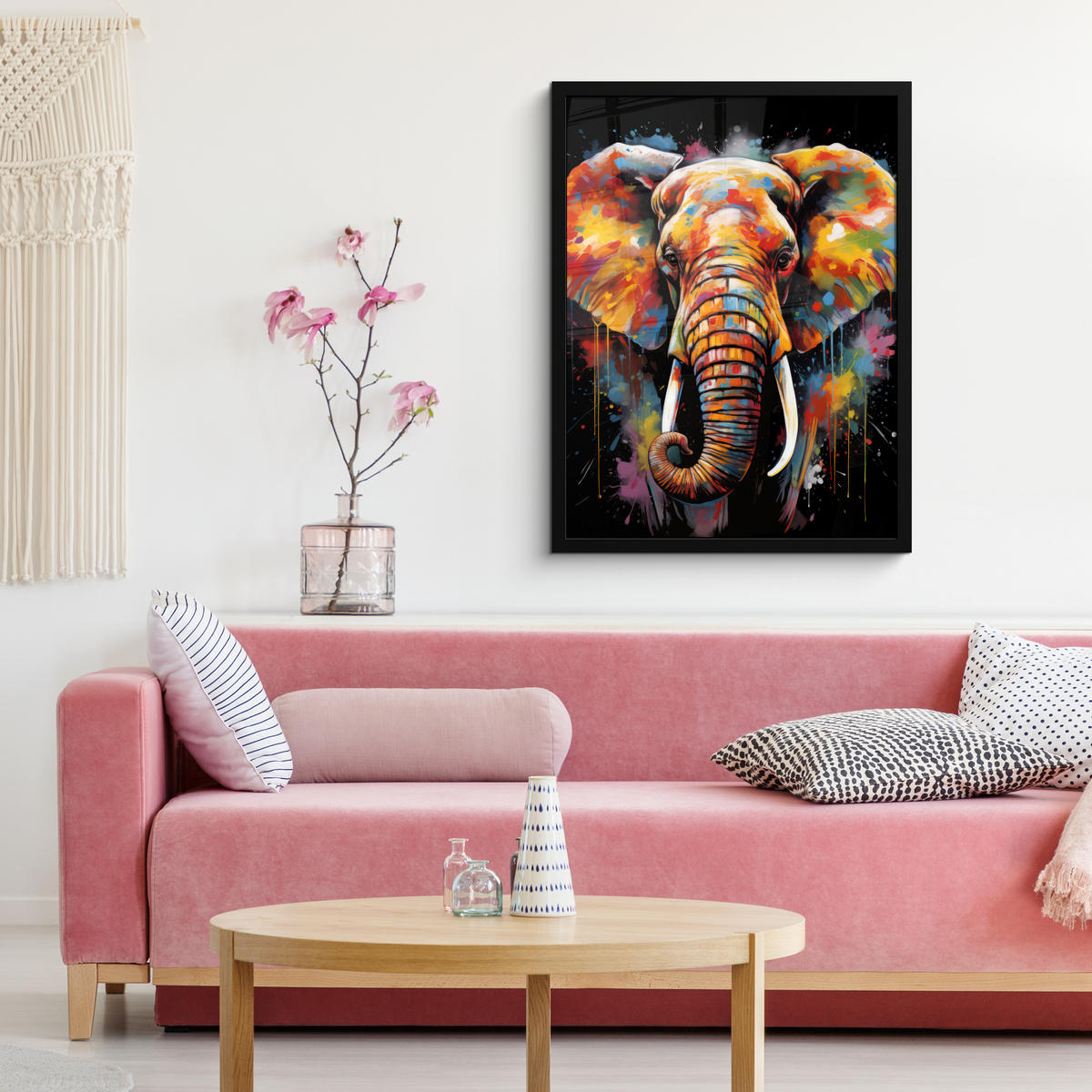 GERAHMTES BILD Elefant - Graffiti - Schwarz - Tiere - Farben 60x80 cm - Schwarz, Papier (60/80cm) - MuchoWow