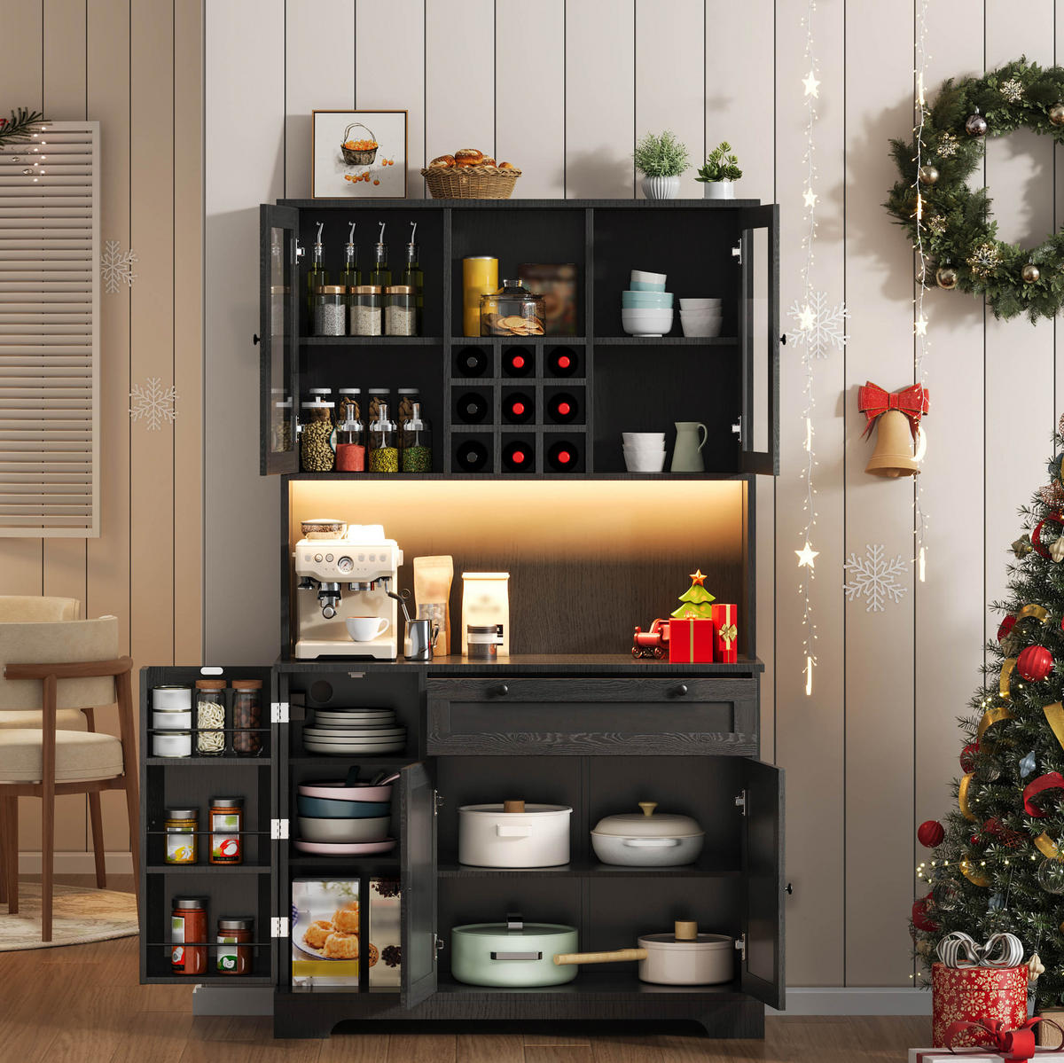 BUFFETSCHRANK 105/40/180 cm aus MDF mit LED-Beleuchtung, Steckdose, Weinregal und verstellbaren Böden, Schwarz - Schwarz, Holzwerkstoff (105/180/40cm) - Redom