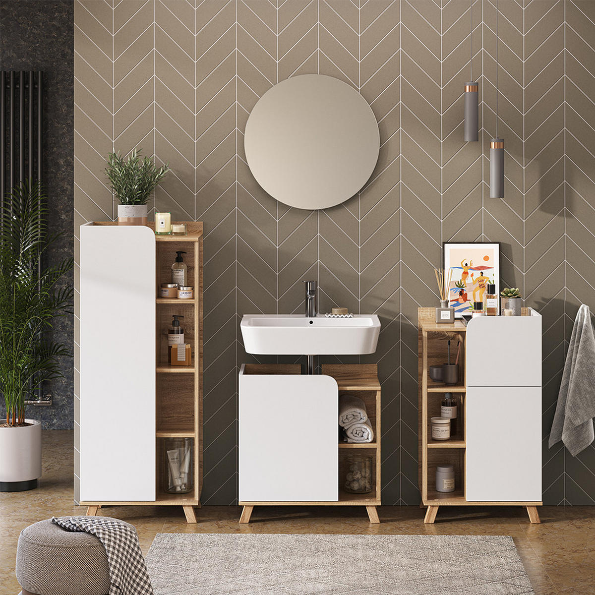 BADMÖBEL-SET Karen Sonoma/Weiß 4 Teile - Weiß/Sonoma Eiche, Holzwerkstoff (60/65/35cm) - Vicco