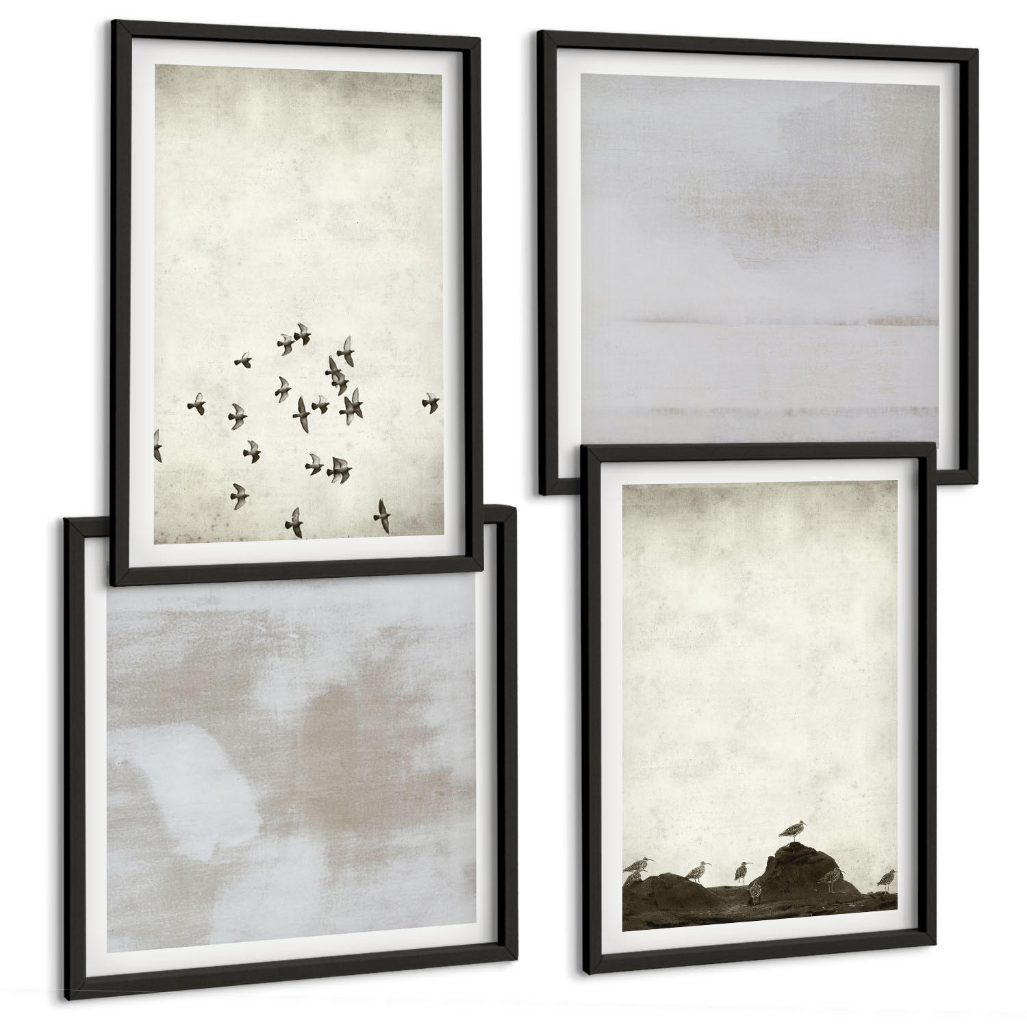 BILDER SET 4er Set - 50x50 cm & 40x60 cm Schwarzer Rahmen - Minimalistische Vögel im Flug - Schwarz, Kunststoff (50/50cm) - TULUP