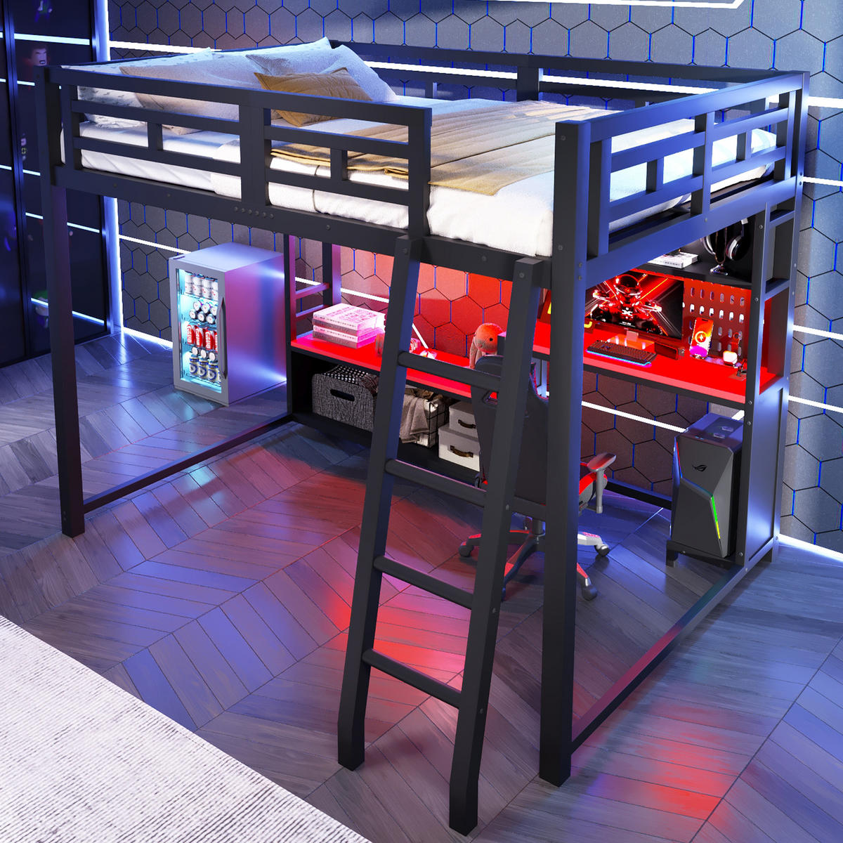 HOCHBETT 140x200 cm Metall mit Schreibtisch im Gaming-Stil- Rot - Schwarz, Metall (140/200cm) - KOMHTOM