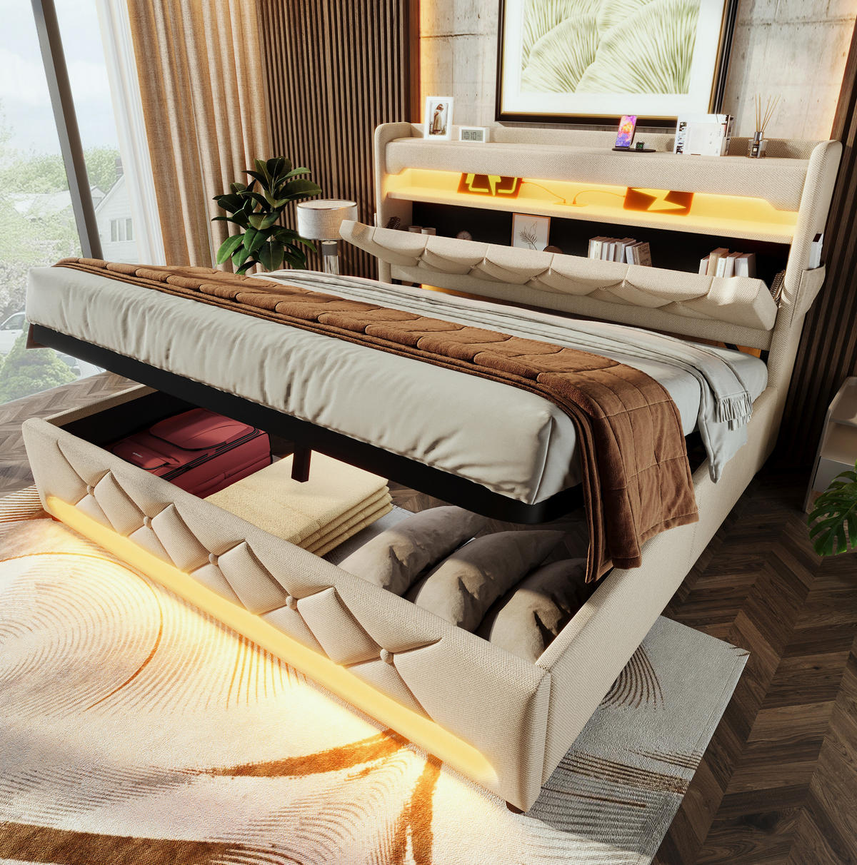 POLSTERBETT 140/200 cm Beige aus Leinen mit Stauraum und LED - Beige, Textil (140/200cm) - OKMYHOME
