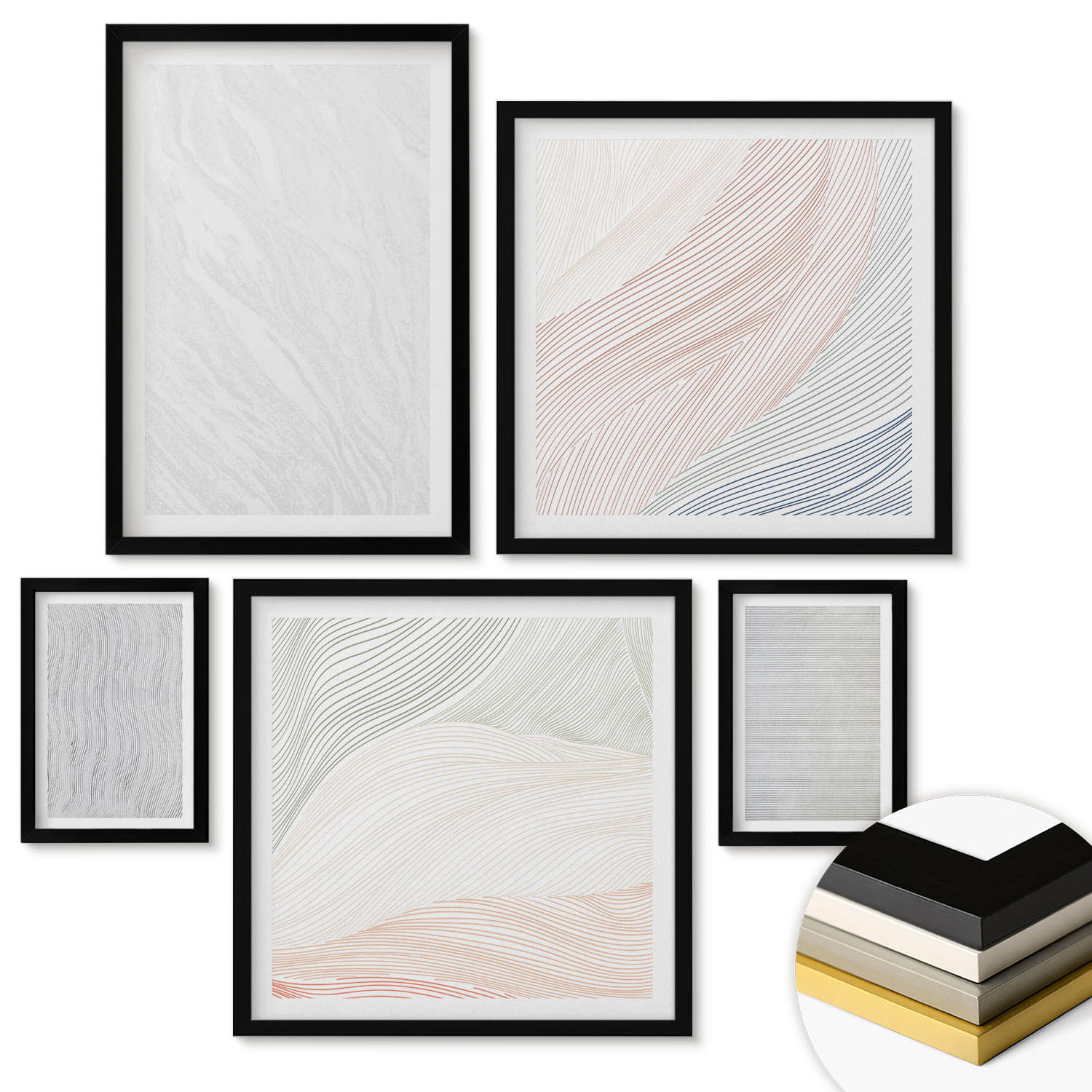 WANDBILDER 5er-Set - 50x50 cm & 20x30 cm & 40x60 cm Schwarzer Rahmen - Leuchtende Strukturen, Sandmuster - Schwarz, Kunststoff (40/60cm) - ArtPrintCave